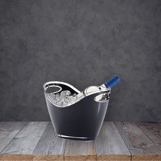 A sleek black ice bucket filled with ice and a bottle, featuring a metallic rim. Suitable for leisure and outdoor use.