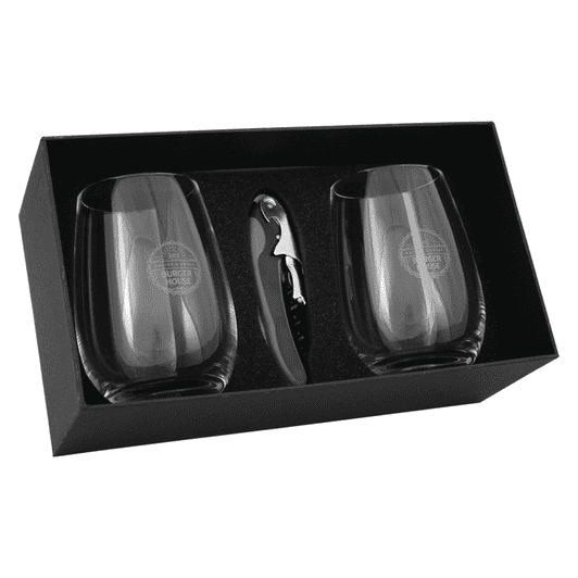 A wine glass set featuring two elegant black glasses and a corkscrew, presented in a stylish box.