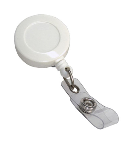 A white retractable badge holder with a clear clip attachment for securing badges or cards.