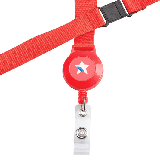 A retractable badge holder in red, featuring a star logo and a clear clip for attaching badges.