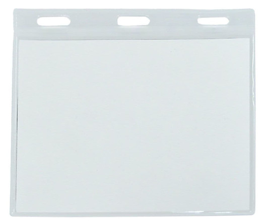 A clear plastic name badge holder featuring three slots at the top. It is designed for displaying identification.