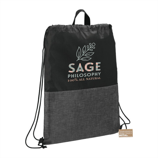A black drawstring bag with a grey bottom section and a logo. Made from recycled materials.