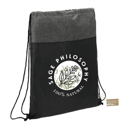A black and grey drawstring bag with a logo, featuring a natural design element at the centre.
