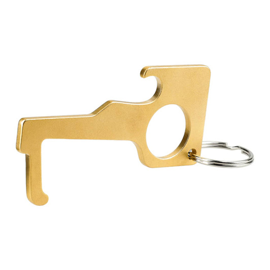 A gold-coloured no contact keychain tool with a keyring attachment, designed for hygienic use.