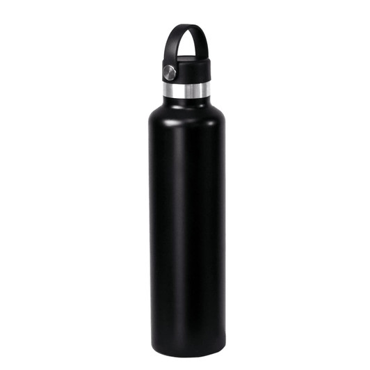 A drink bottle in matte black stainless steel with a metallic silver band and a handle for easy carrying.