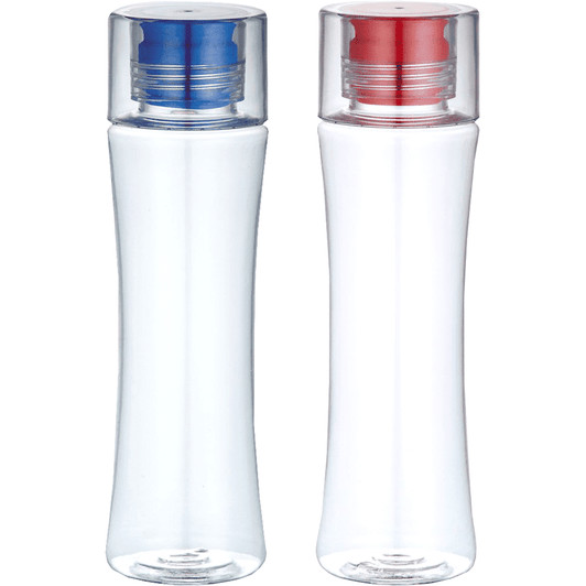 A drink bottle set featuring two BPA-free bottles, one with a blue lid and the other with a red lid, both clear.