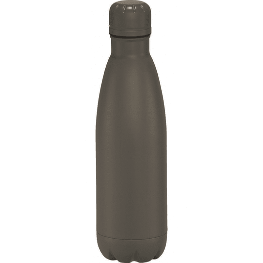 A drink bottle in a matte dark grey finish, featuring a twist cap and a logo. Holds 500ml.