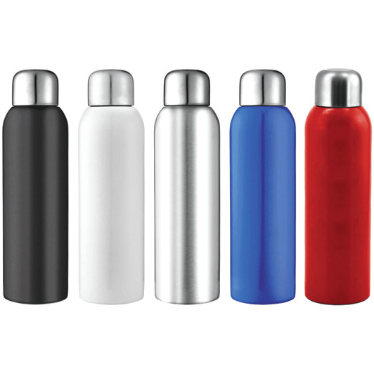 A drink bottle collection featuring black, white, silver, blue, and red stainless steel designs with metallic tops and logos.