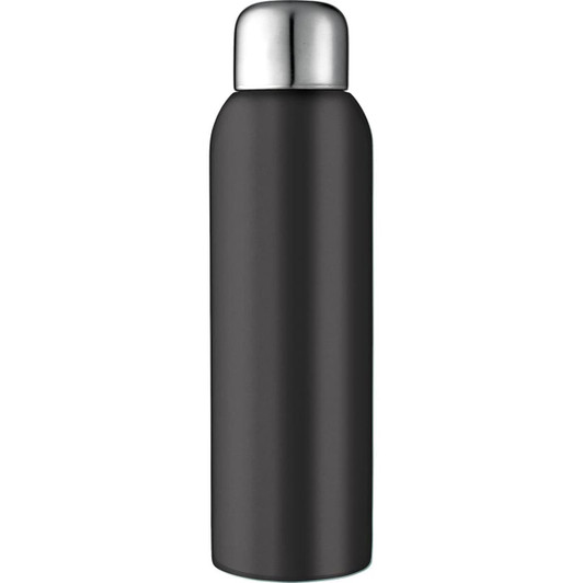 A drink bottle made of stainless steel, featuring a sleek black design and a metallic silver lid.