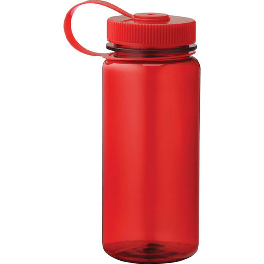 A drink bottle in a vibrant red colour, featuring a screw-on lid and a carrying handle. It has a logo.