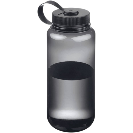 A drink bottle in a translucent grey colour with a black lid and a carrying strap, featuring a logo.