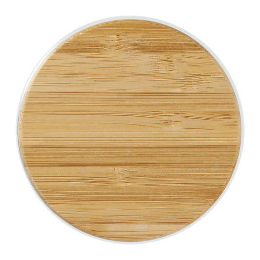A bamboo lid for a glass cup, featuring a smooth, natural wood grain texture in a circular shape.