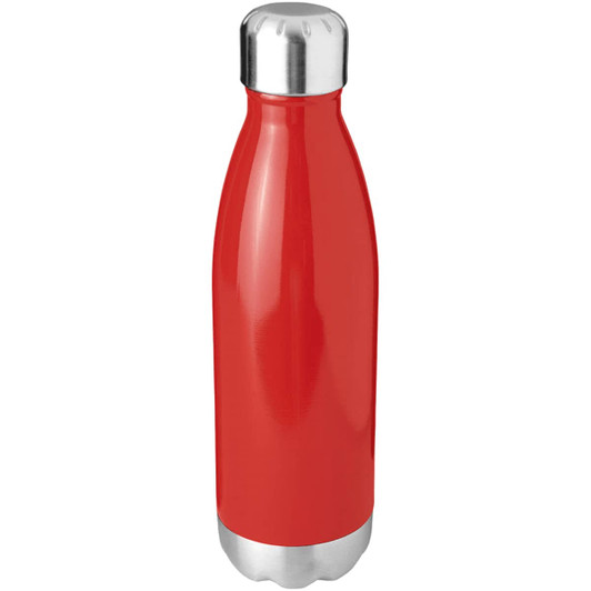 A drink bottle featuring a shiny red finish and a stainless steel base. It has a logo on the front.