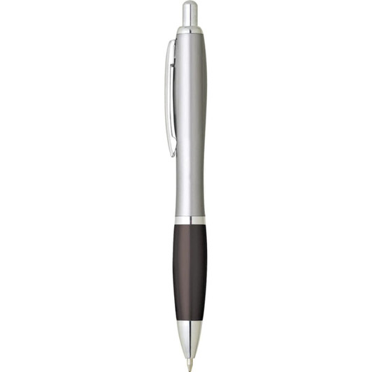 A silver and black plastic pen with a smooth finish, featuring a clip and a logo on the body.