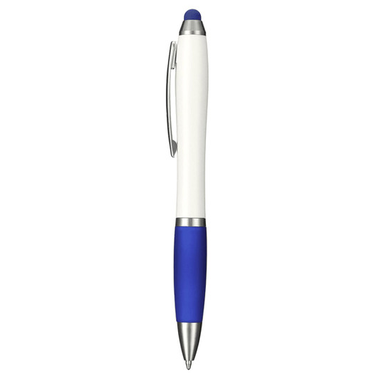 A pen and stylus in white and blue, featuring a silver clip and a textured grip. It includes a logo.