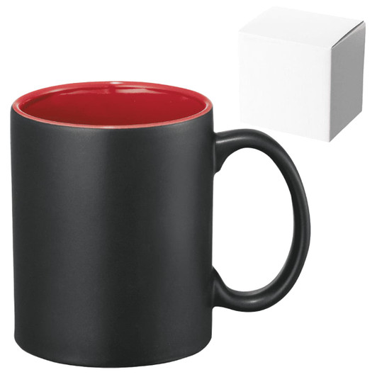 A ceramic mug in black with a red interior, accompanied by a plain white box.