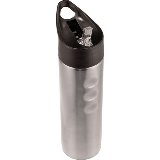 A stainless steel drink bottle with a black lid, featuring a spout and a handle for easy carrying.