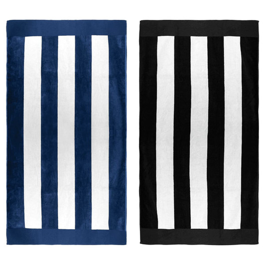 Two striped beach towels, one in navy blue and white, and the other in black and white, both with branding.