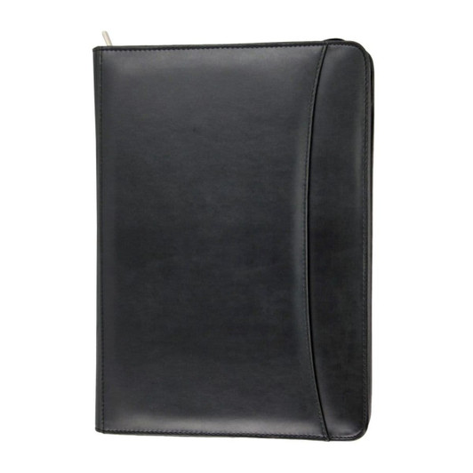 A black imitation leather zip compendium featuring a sleek design and a branded logo.
