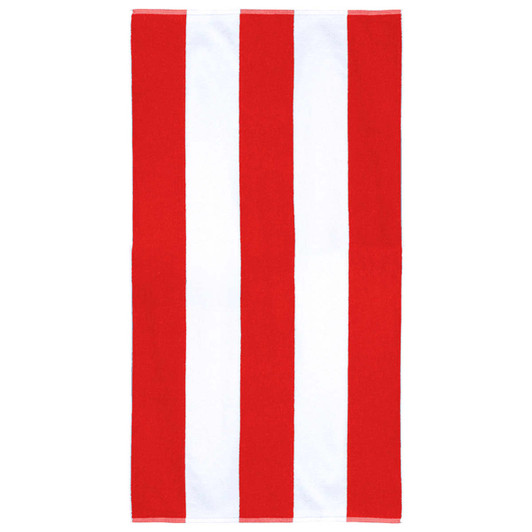 A cotton beach towel featuring bold red and white vertical stripes. It has a logo embossed on one side.