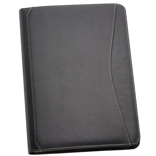 A black leather compendium featuring contrasting stitching and a sleek design, with a logo on the front.