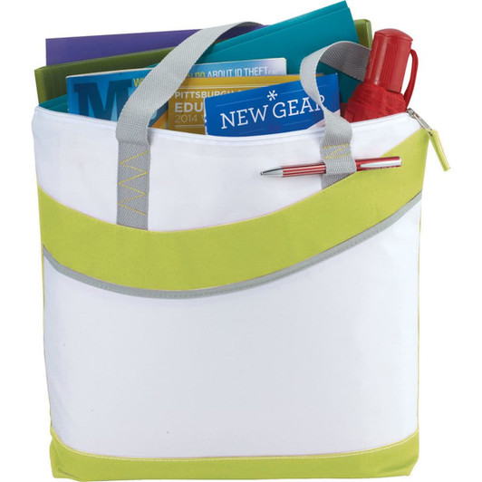 A zippered tote bag in white and lime green, filled with folders, a drink bottle, and a pen.