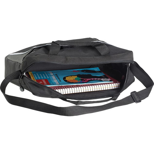 A black laptop bag with a shoulder strap, containing a spiral notebook and colourful artwork peeking out.