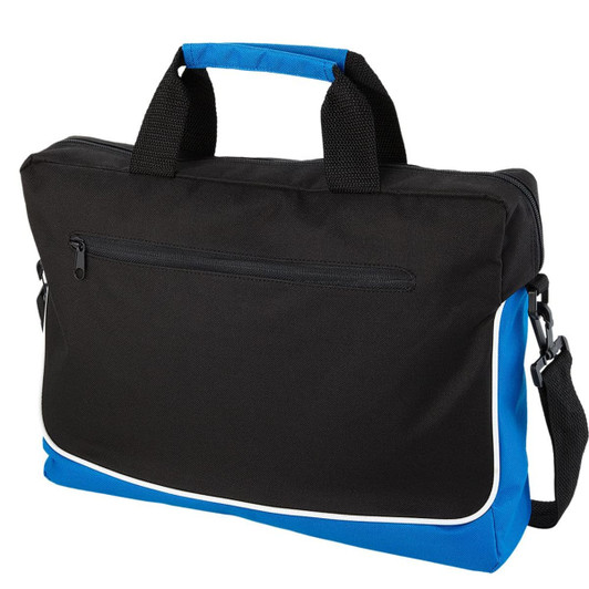 A black and blue laptop bag with a shoulder strap and a front zip pocket, featuring a logo.