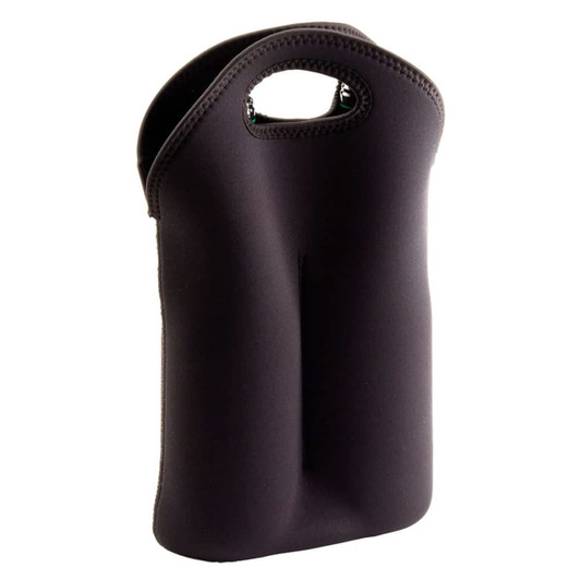A drink bottle carrier in black neoprene material with a dual compartment and handles for easy transport.