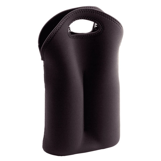 A drink bottle carrier in black neoprene, designed to hold two bottles, featuring a handle for easy transport.