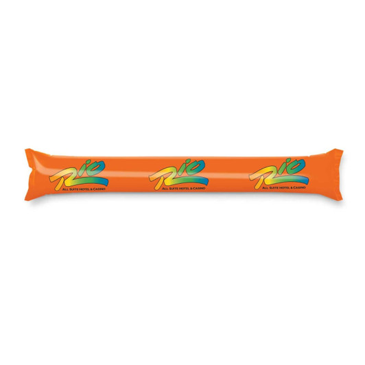 An orange inflatable Thunder Stix with a logo on it.