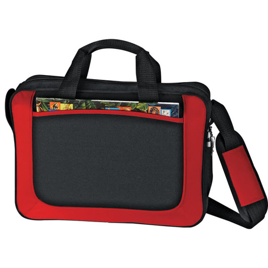 A laptop briefcase in black and red, featuring dual handles, a shoulder strap, and an exterior pocket.
