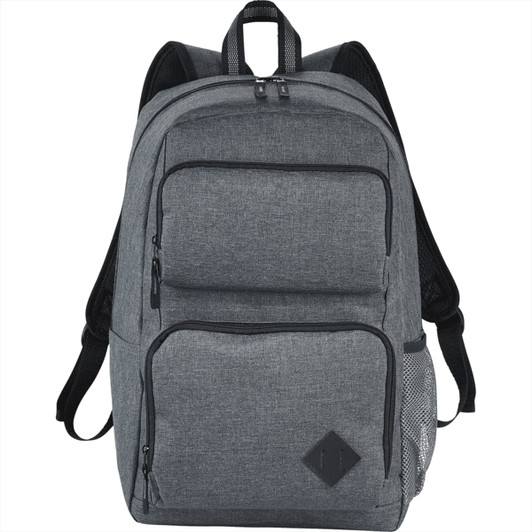 A grey computer backpack with multiple pockets, adjustable straps, and a mesh side pocket. Features a logo.