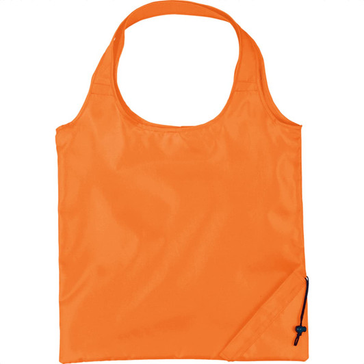 An orange foldaway tote bag with a single handle and a drawstring closure feature. It has a logo.