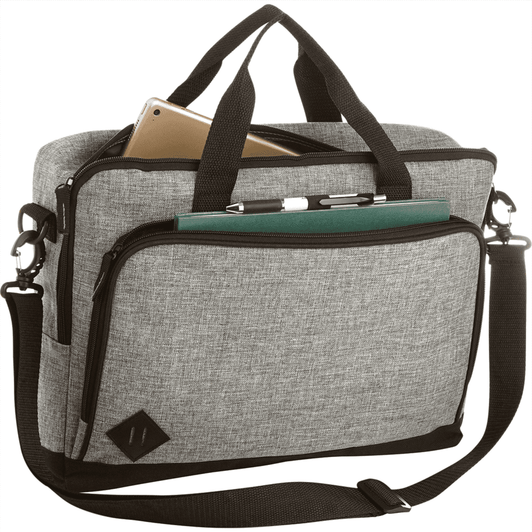 A grey laptop briefcase featuring dual handles, a detachable shoulder strap, and a front pocket.