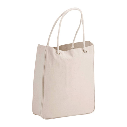 A natural-coloured organic cotton canvas tote bag with rope handles, featuring a simple and spacious design.