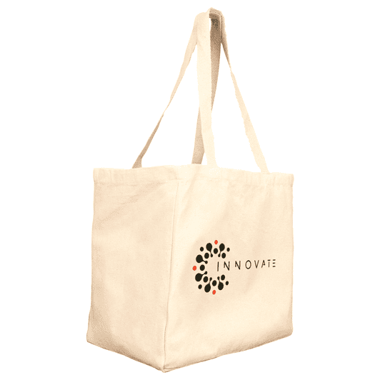 A cream reusable grocery tote bag with long handles and a logo on one side.