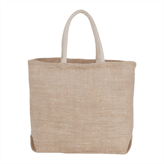 A herringbone patterned jute tote bag in beige with light cream handles. It features a logo on the front.