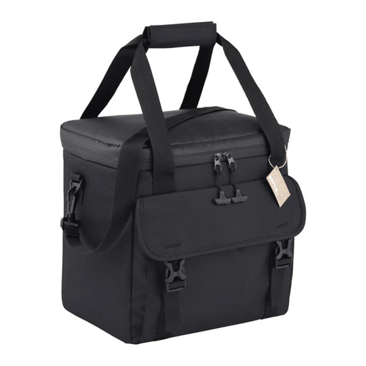 A black cooler bag with a top handle and adjustable straps, featuring a front pocket and a logo.