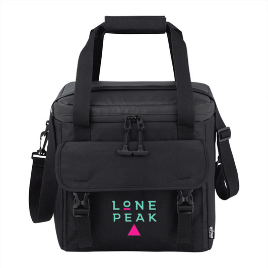 A black cooler bag featuring a front pocket and a logo. It has short handles and a shoulder strap for carrying.