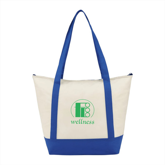 A cream and blue non-woven tote cooler bag with long handles and a logo on the front.