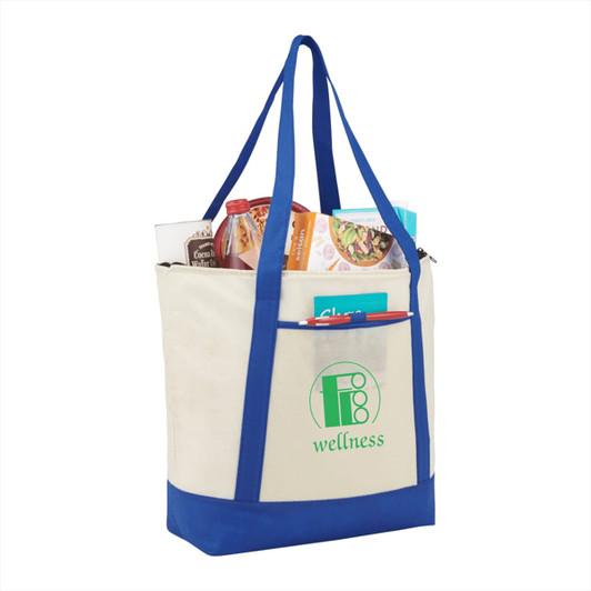 A non-woven tote cooler in cream and blue, with various food items inside and featuring a logo.
