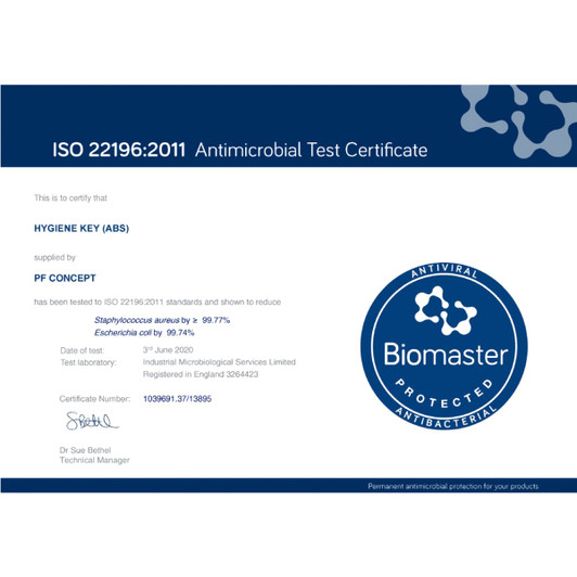 A certificate displaying the antimicrobial test results for the Hygiene Key, featuring a blue and white design with a logo.