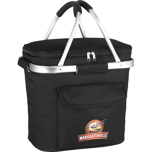 A black cooler bag with silver handles and a front pocket, featuring a logo. Suitable for picnics and outdoor use.