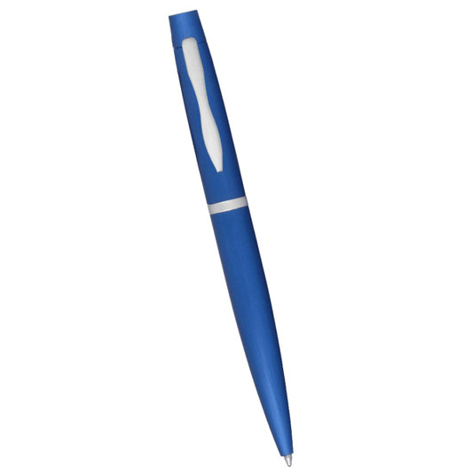 A blue metal twist action pen with a white grip and a logo.