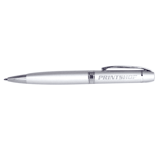 A metallic grey pencil with a shiny silver clip and branding on the barrel.