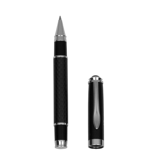 A sleek black carbon fibre rollerball pen with silver accents and a detachable cap. It features a branded logo.