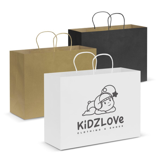 Three extra-large paper carry bags in white, gold, and black with handles and a logo on the front.