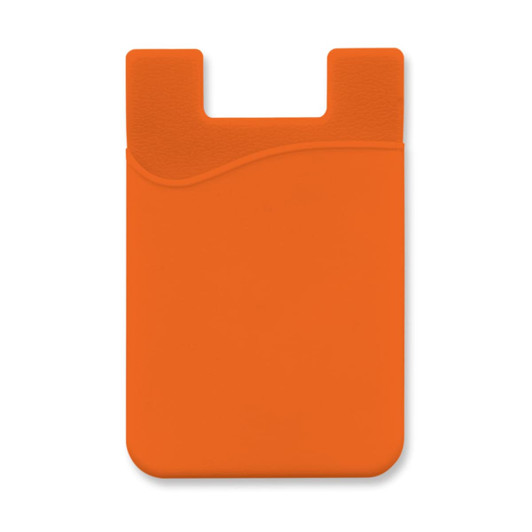 An orange silicone phone wallet with a curved top and a recessed area for cards. It features a branding logo.