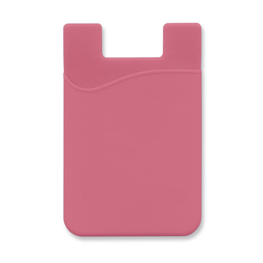 A pink silicone phone wallet featuring a smooth, curved design and a slot for cards.